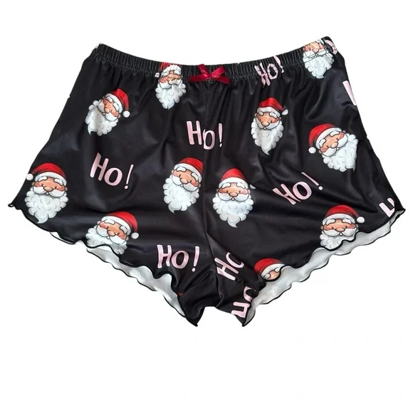 Women’s Christmas Santa Pajama Sleep Short Set Black Satin Size Large - Picture 4 of 6